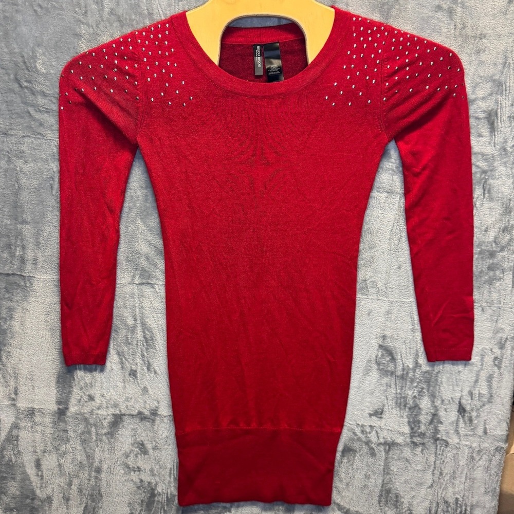 2138 | Studded Shoulder Knit Bodycon Sweater Dress Red Womens XS